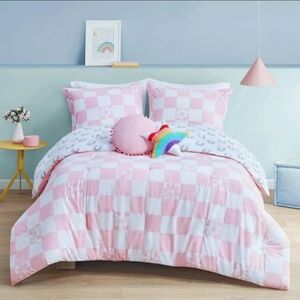 Girls Double Bedding Comforter Plaid Flower 5 Pc Set